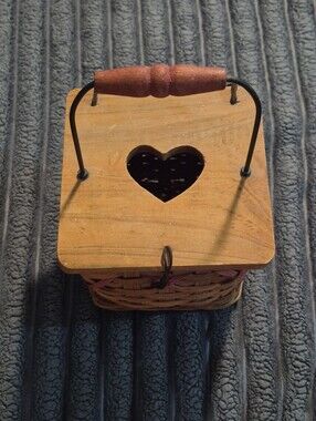 Vintage Country Woven Basket Wood Lid Heart Cutout Handle